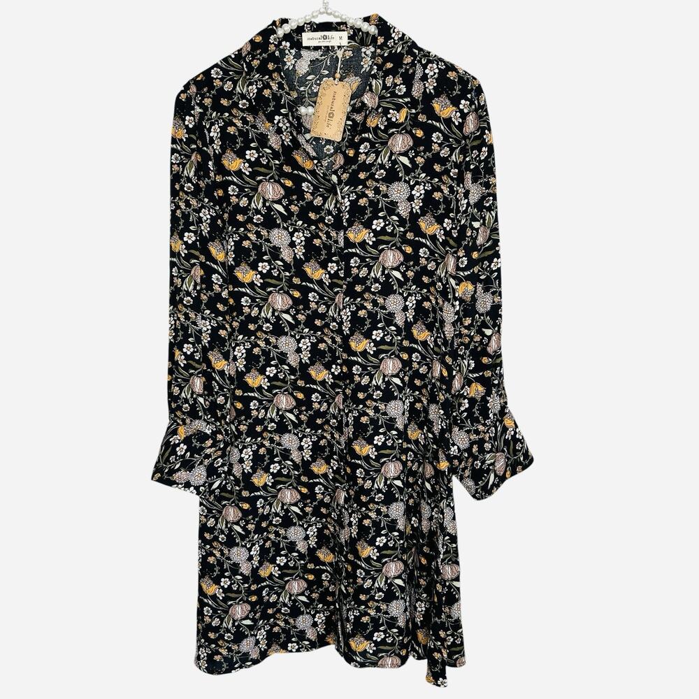 Natural Life Floral Mini Shirt Dress Boho Cottage Womens Medium Whimsigoth NWOT
